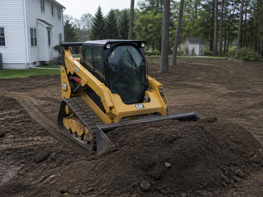 compact track loader grading dirt in a residential yard