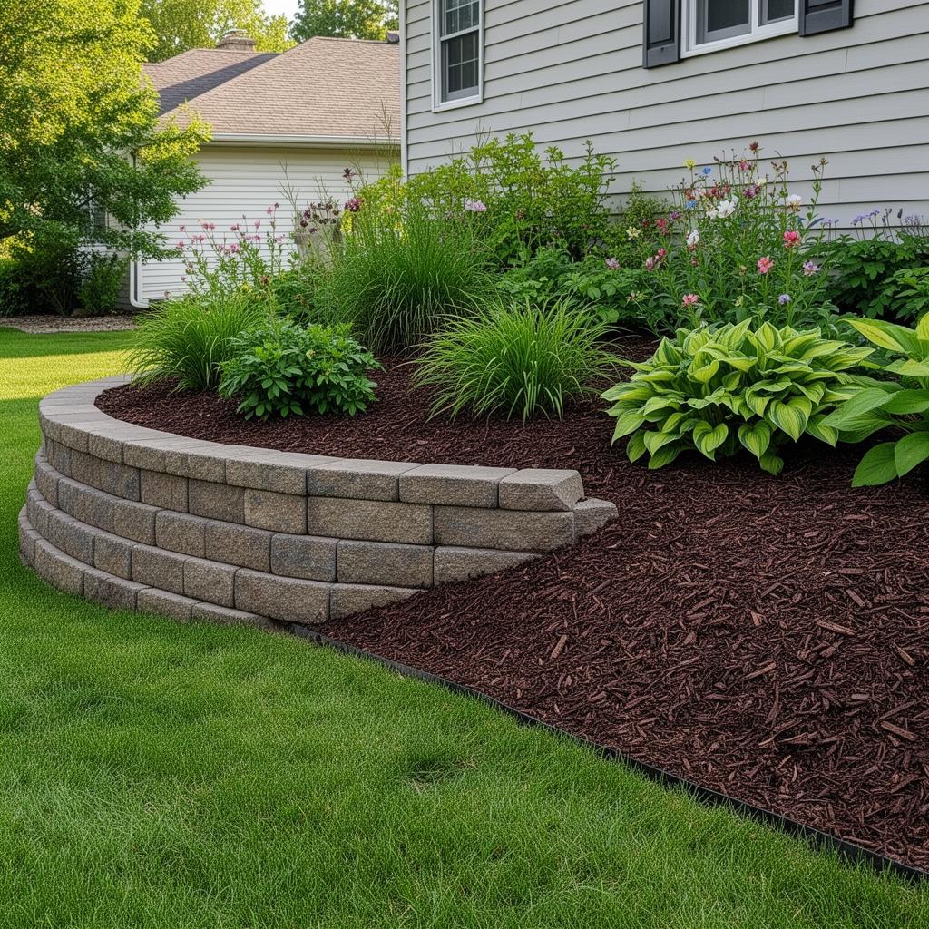 Native landscape garden design with layered perennials and shrubs